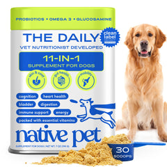Native Pet vitaminas 11 en 1 en polvo para perros: apoyo a movilidad y energía.
