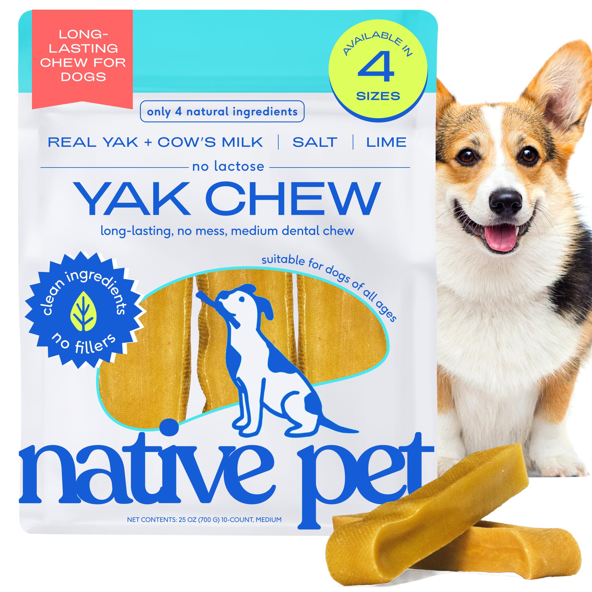 Native Pet Yak Himalayo frente al paquete, snack dental para perros medianos