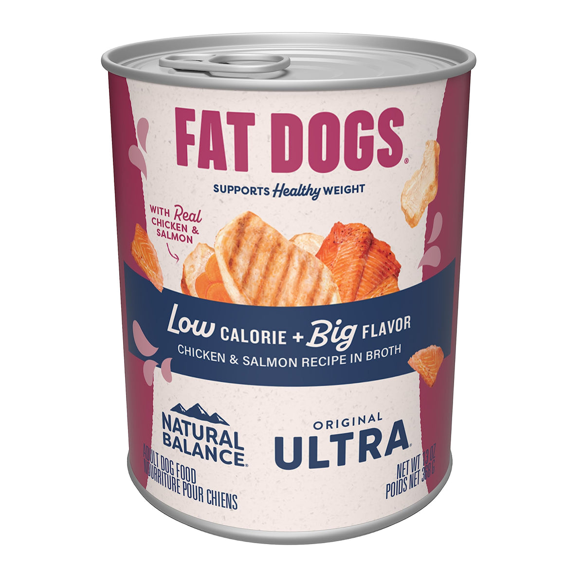 Natural Balance Fat Dogs, lata 13 oz con pollo y salmón en caldo para sabor y proteína.