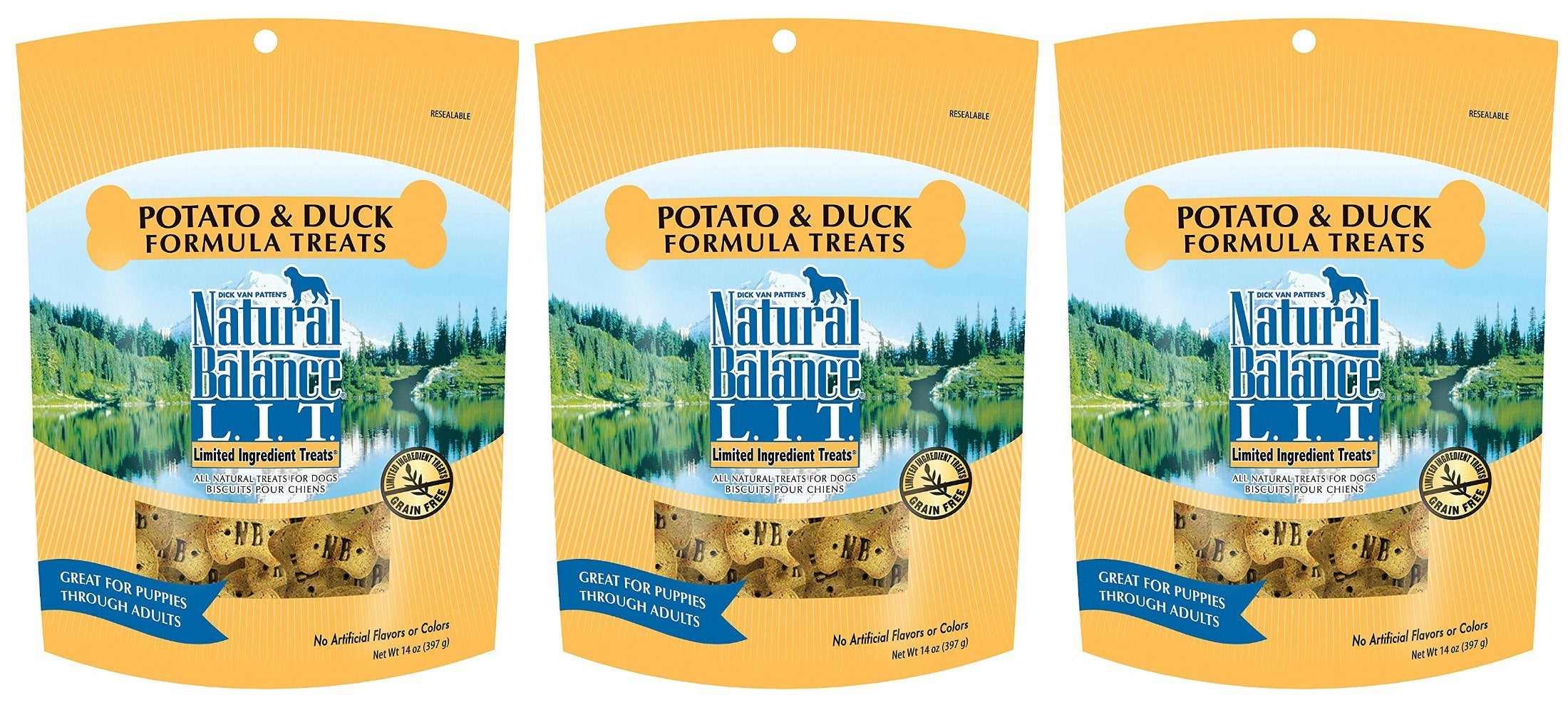 Natural Balance galletas para perro con patata y pato, empaque 3-pack, aptas para entrenamiento diario.