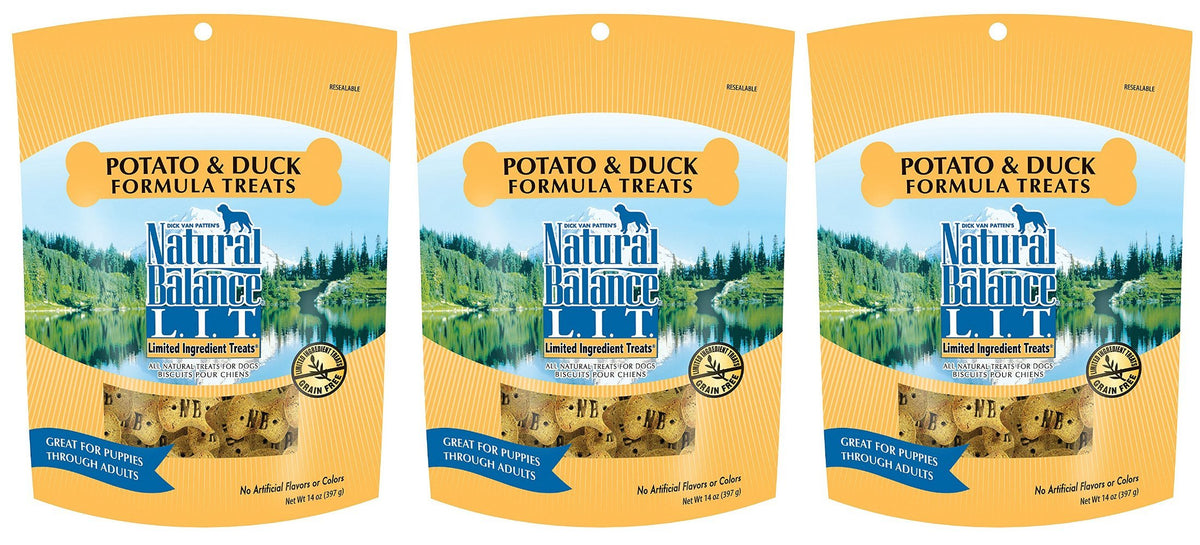 Natural Balance galletas para perro con patata y pato, empaque 3-pack, aptas para entrenamiento diario.