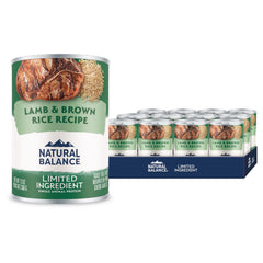 Lata Natural Balance con cordero y arroz marrón, opción sabrosa para dieta simple.