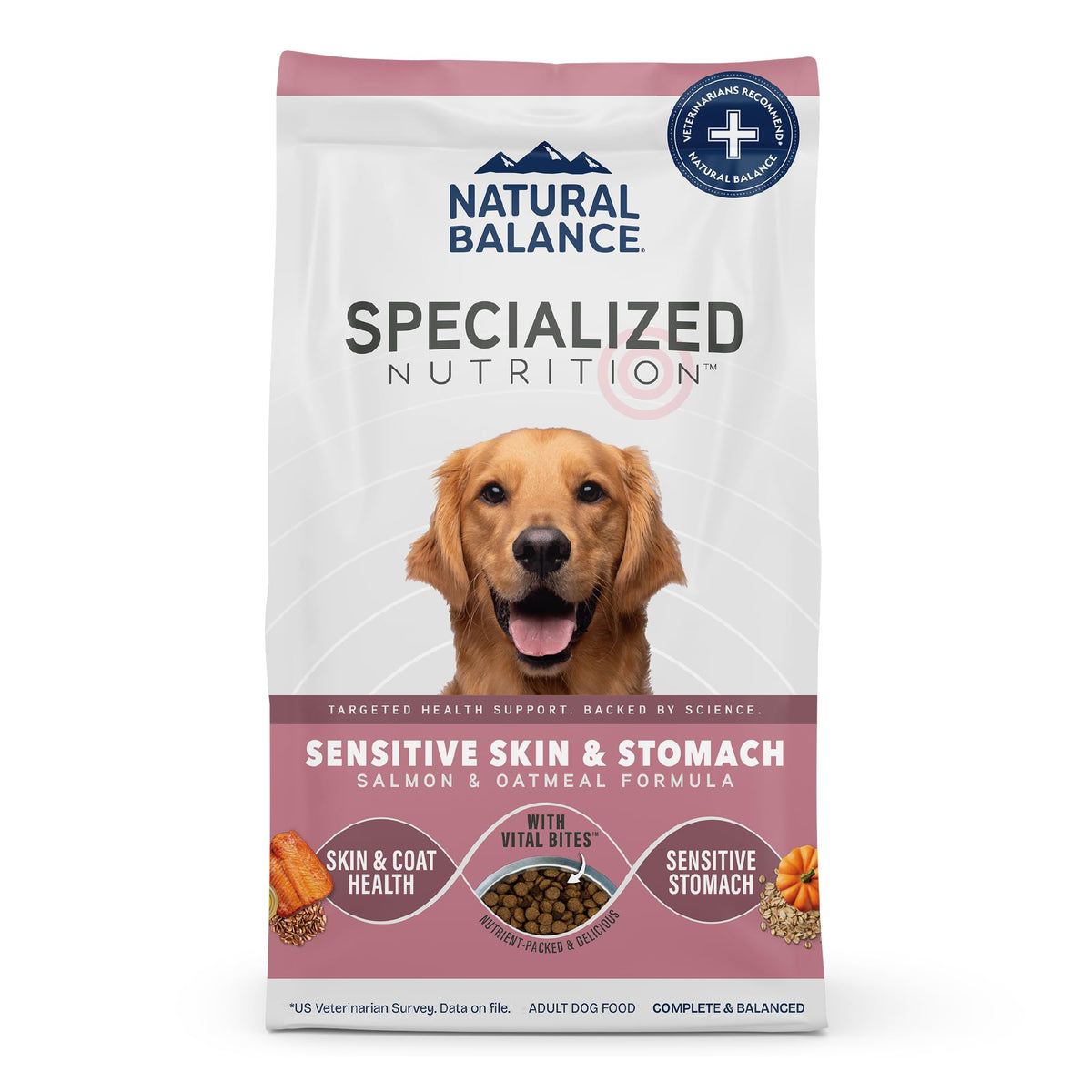 Natural Balance nutrición especializada para perros con salmón y avena, piel saludable.