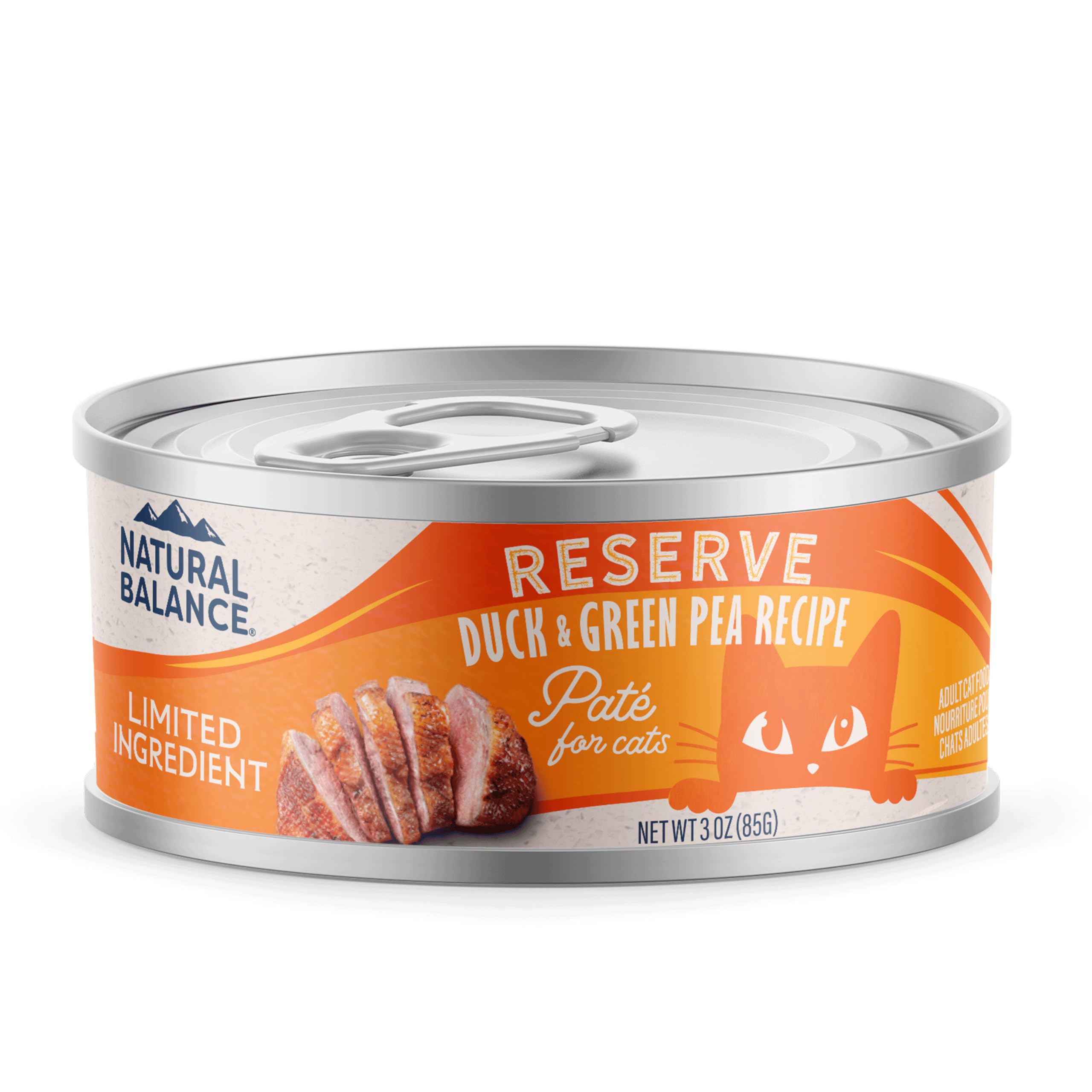 Natural Balance paté de pato con guisantes en lata para gatos con digestión sensible.