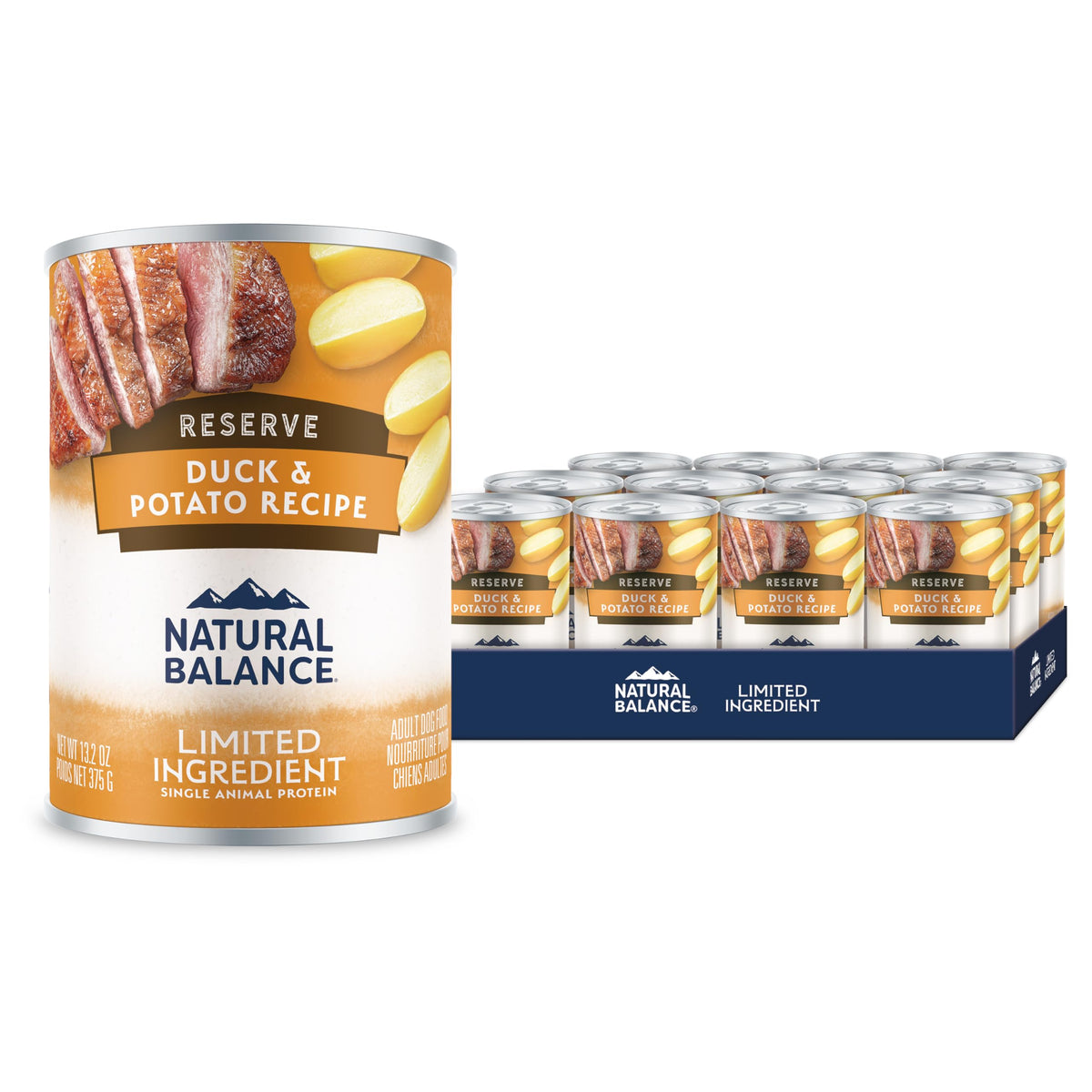 Natural Balance Reserva pato y patata, etiqueta de lata, proteína única para perros