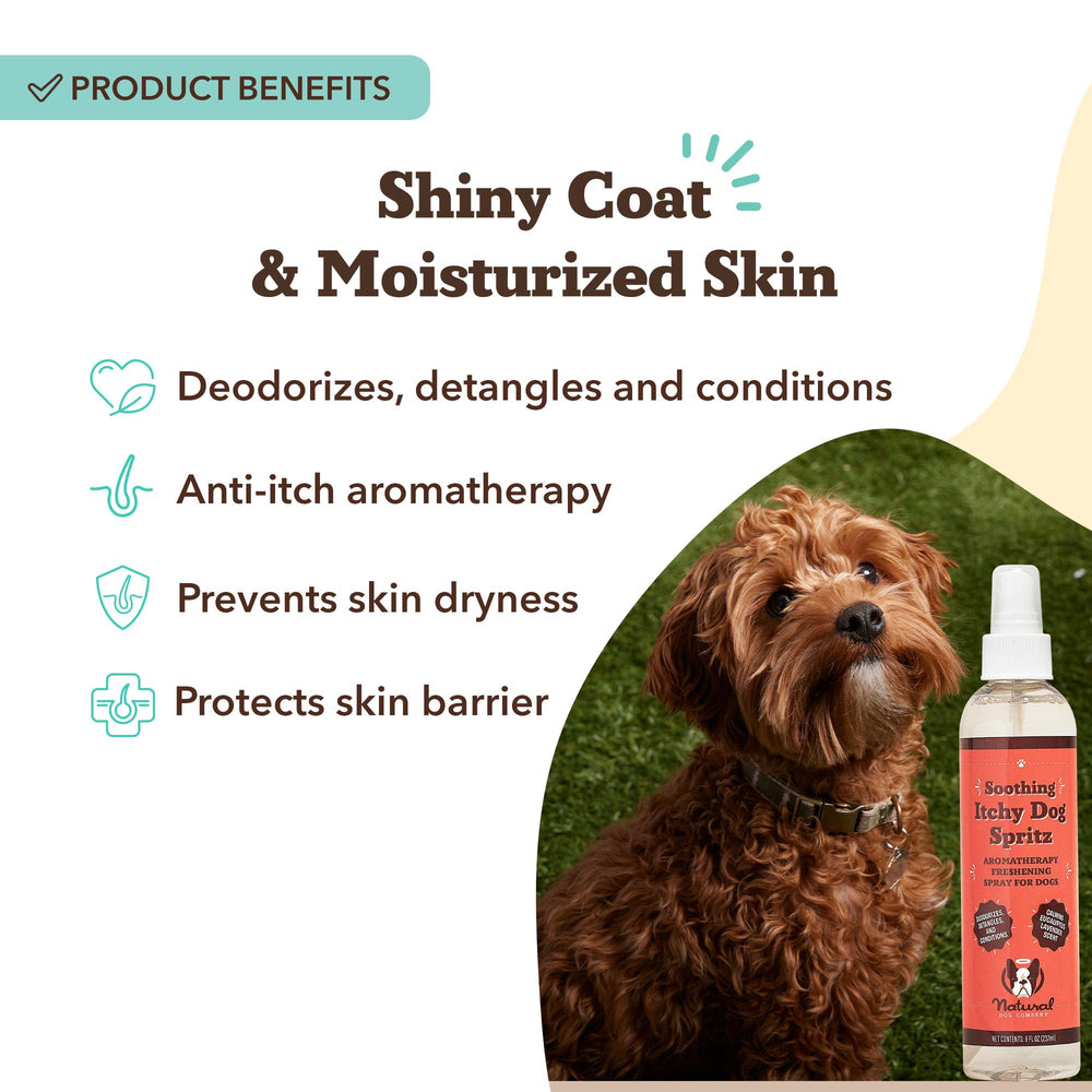 Natural Dog Company Itchy Dog Spritz con aloe y lavanda para calmar piel irritada.