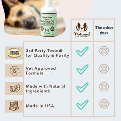 Natural Dog Company Calming Oil, etiqueta ecológica que respalda producción responsable.