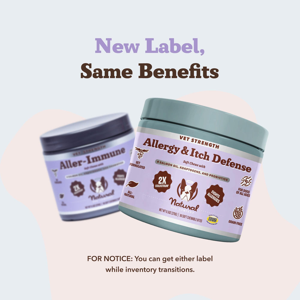 Natural Dog Company etiqueta clara con indicaciones y beneficios.