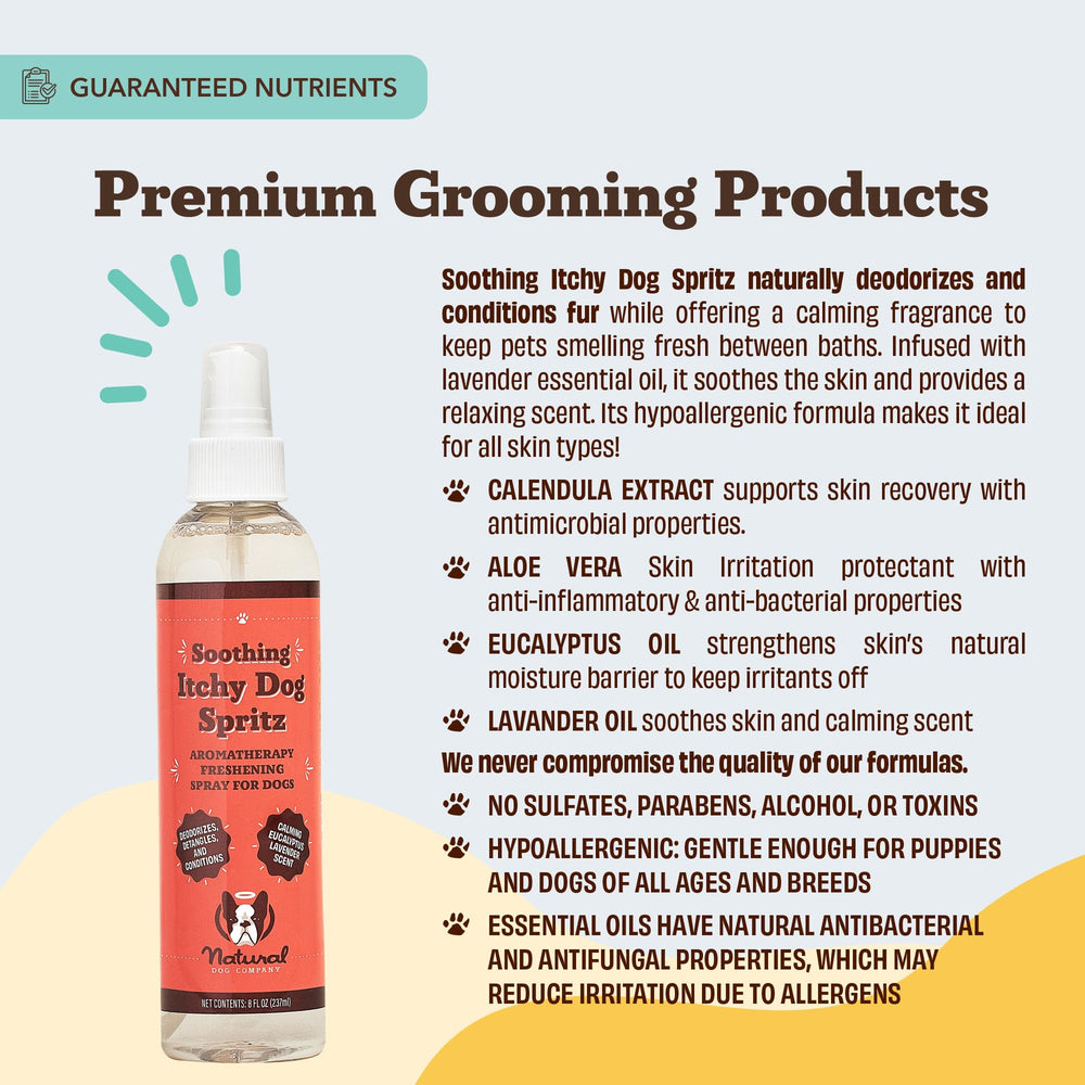 Natural Dog Company Itchy Dog Spritz uso diario entre baños para frescura.