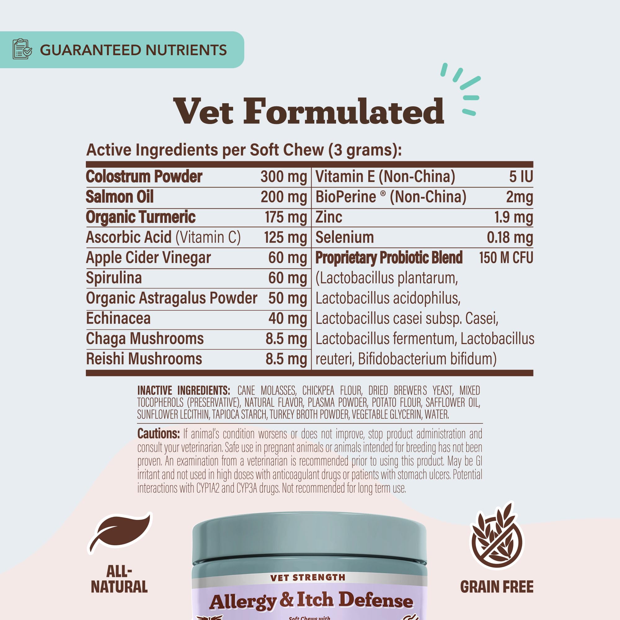 Natural Dog Company ingredientes con colostro y aceite de salmón, nutrición para la piel.