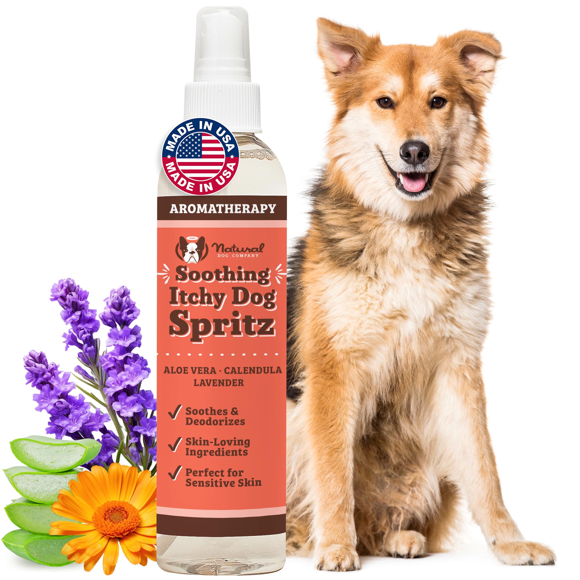 Natural Dog Company Itchy Dog Spritz, botella 8 oz para refrescar entre baños.