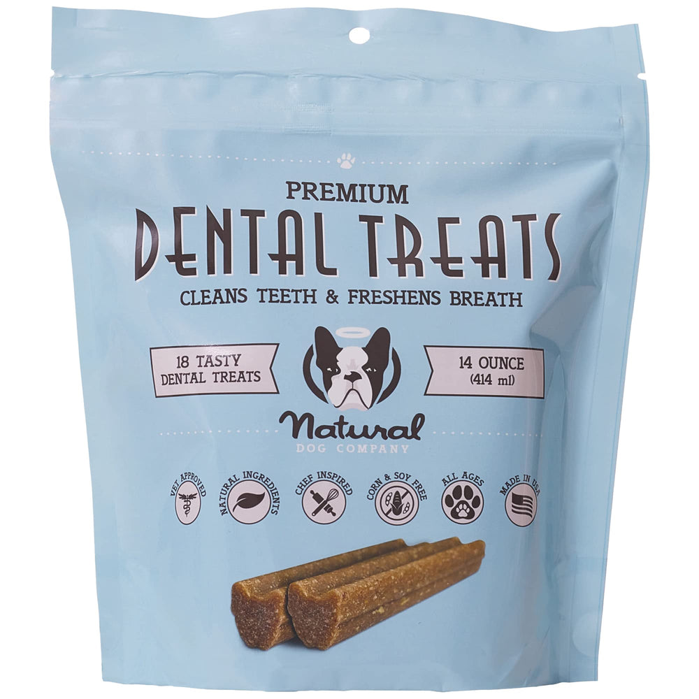Natural Dog Company masticables dentales para perros, limpieza suave y aliento fresco.