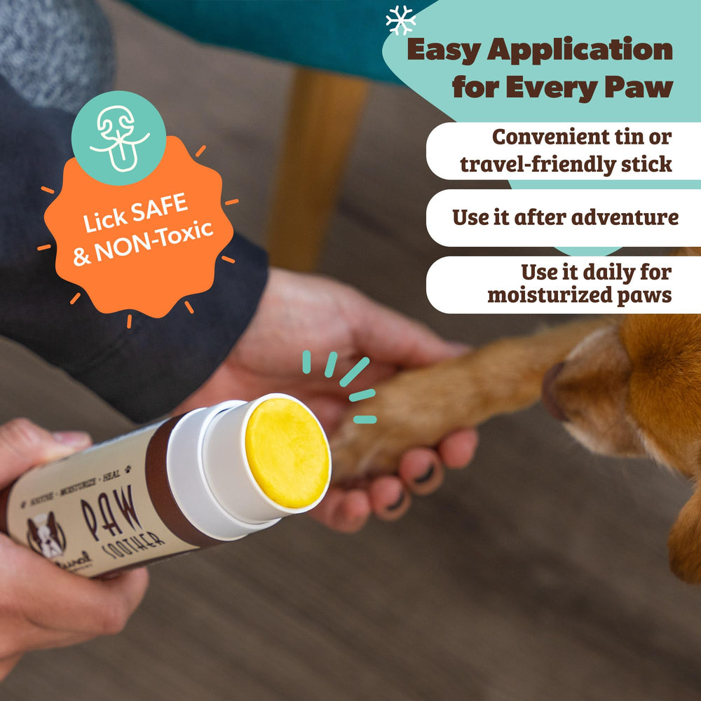 Ingredientes naturales de coco y calendula para nutrir almohadillas de perros.