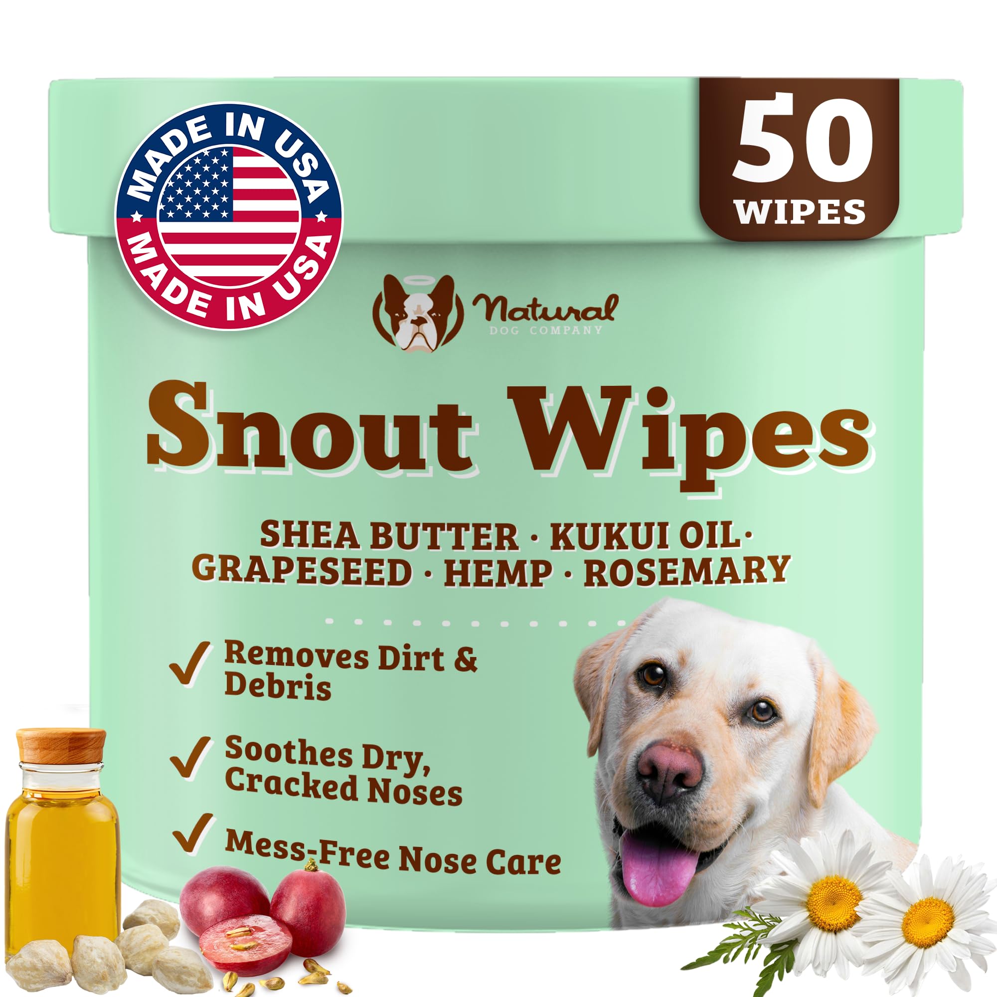 Natural Dog Company Snout Wipes formato portátil para limpiar hocicos durante paseos.