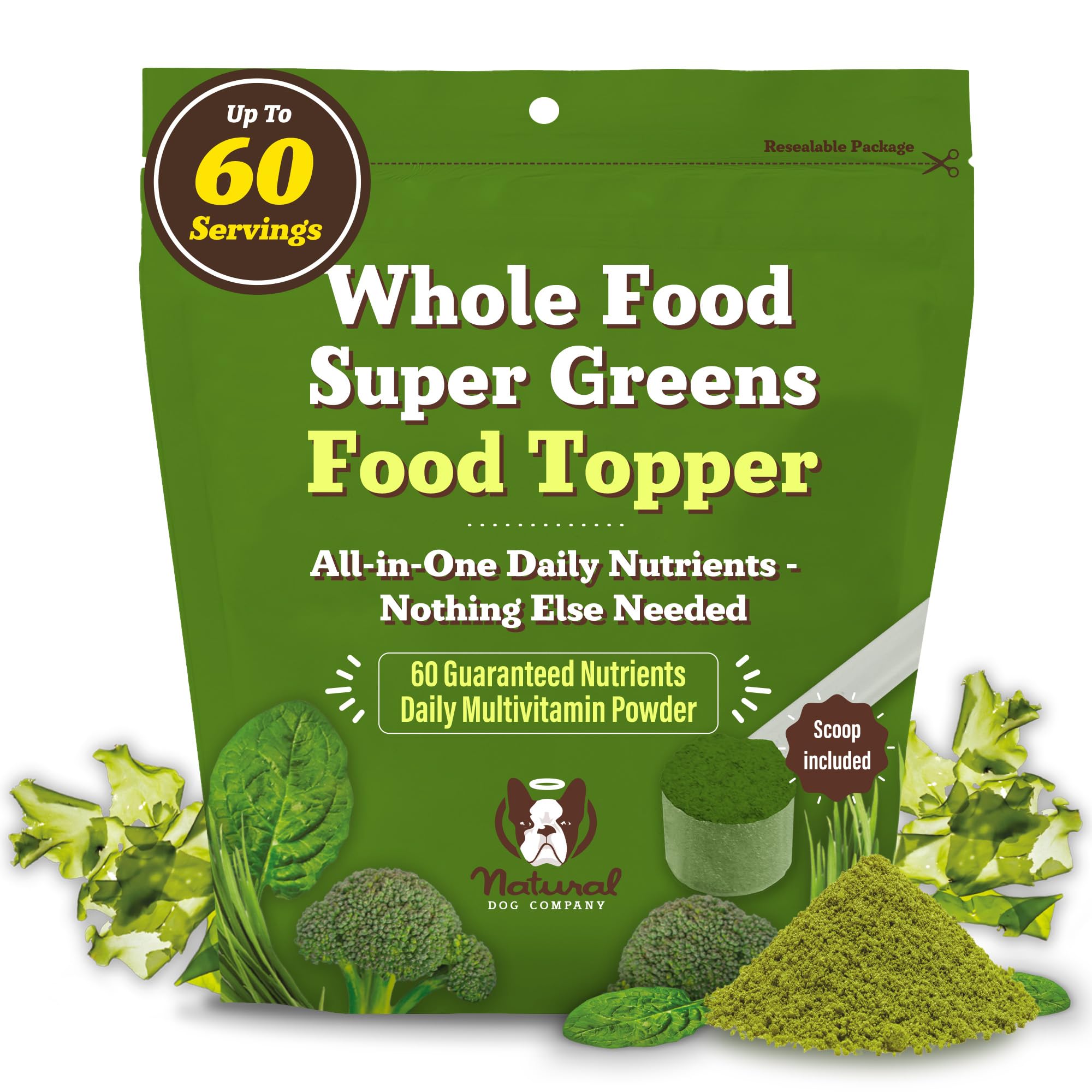 Natural Dog Company Super Greens, botella con etiqueta, nutrición diaria para perros.