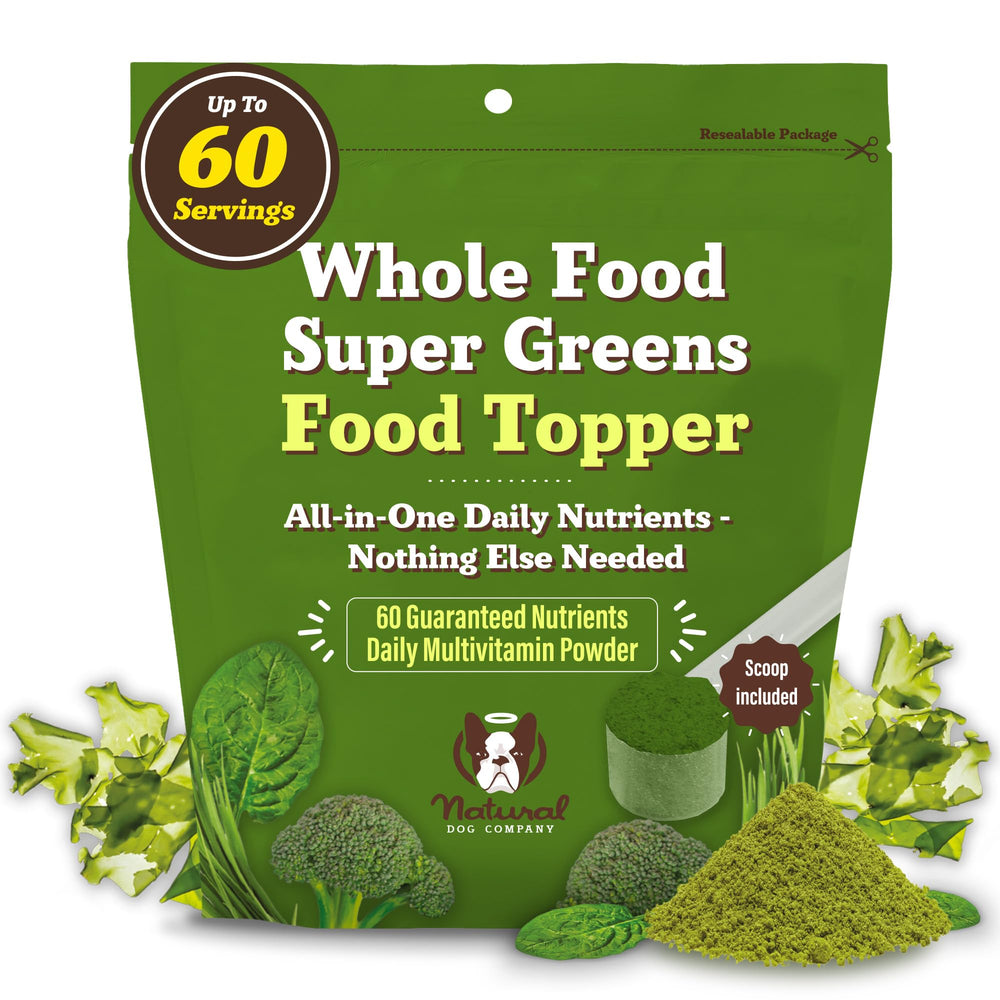 Natural Dog Company Super Greens, botella con etiqueta, nutrición diaria para perros.