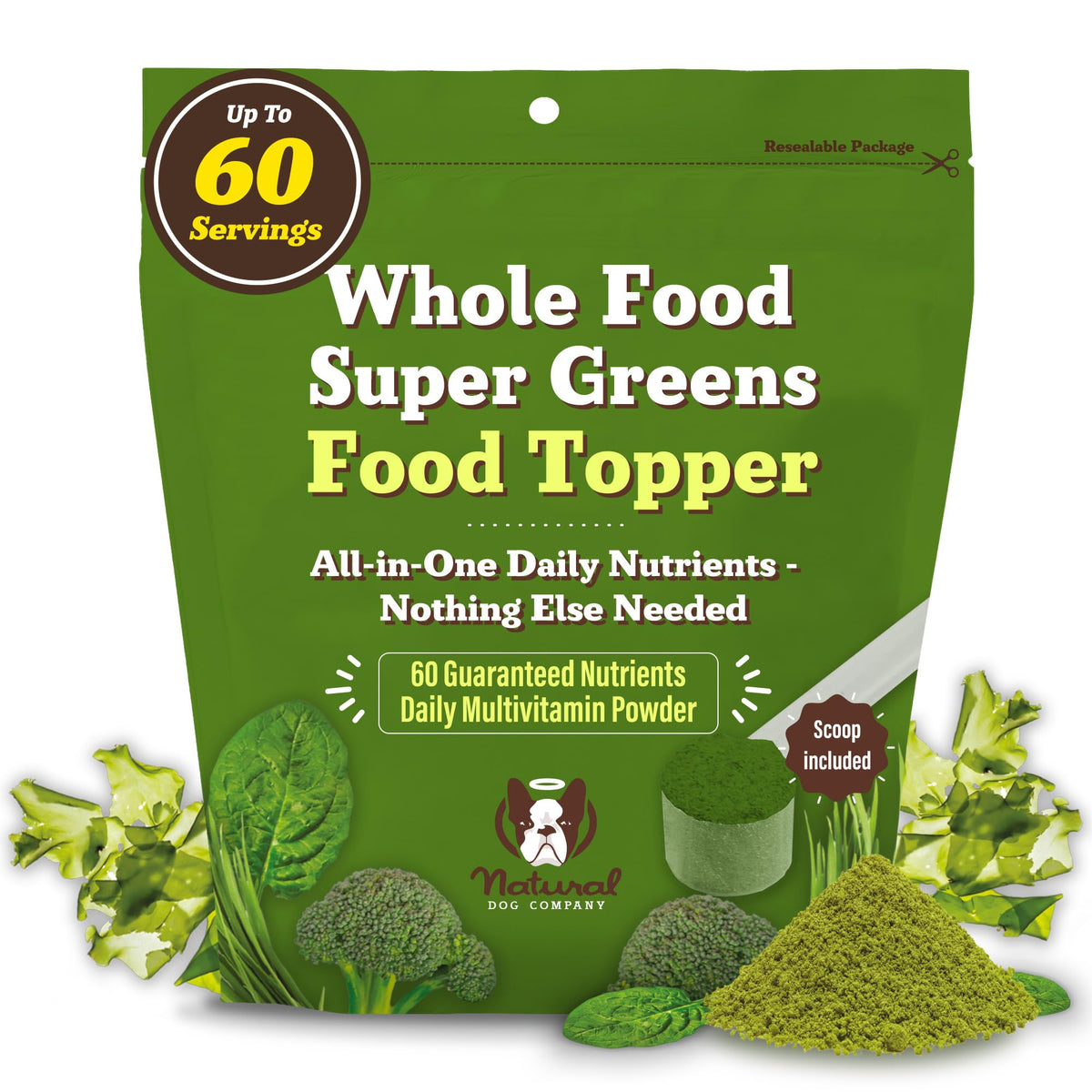 Natural Dog Company Super Greens, botella con etiqueta, nutrición diaria para perros.
