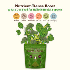 Natural Dog Company Super Greens, cuchara de medición, dosis fáciles para cada tamaño.