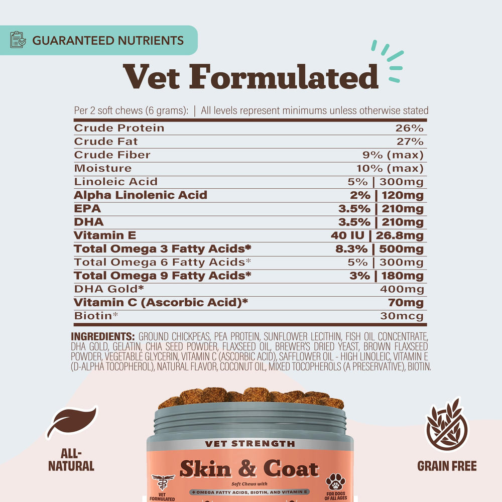 Natural Dog Company Vet Strength Omega rutina diaria de masticables para soporte nutricional esencial.