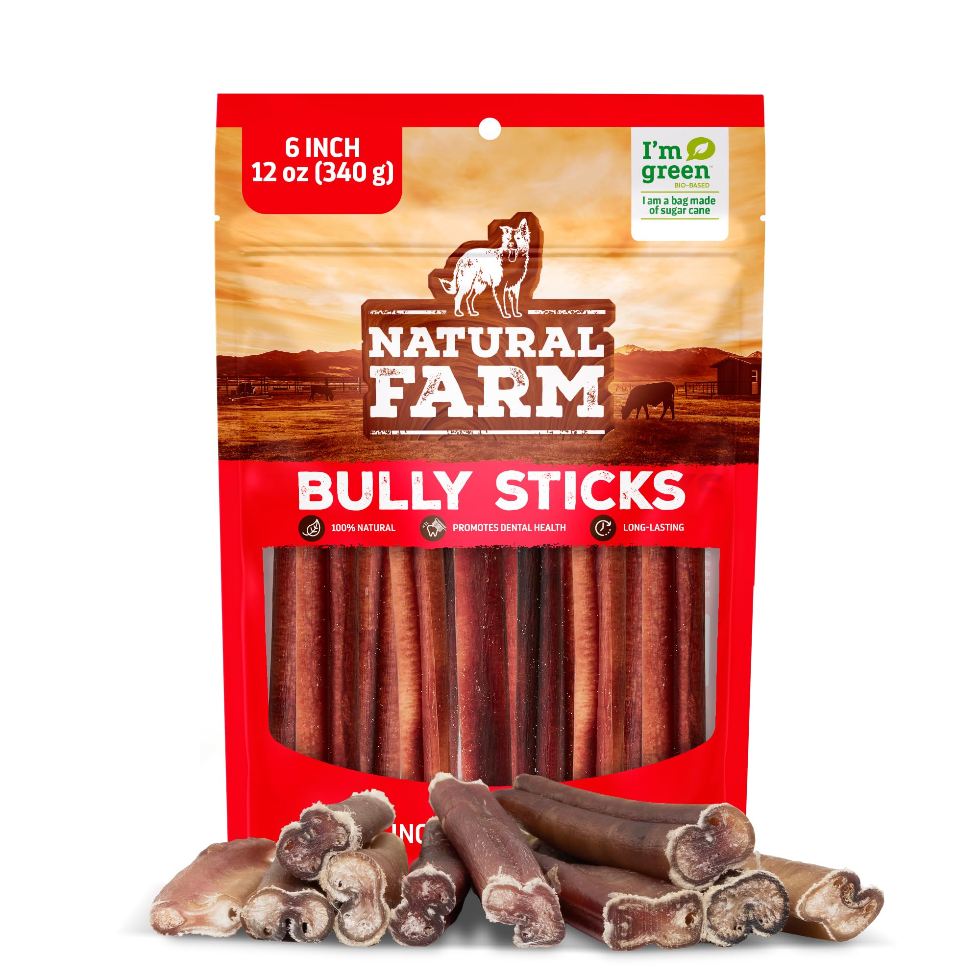 Natural Farm Bully Sticks seis pulgadas por peso para masticación prolongada.