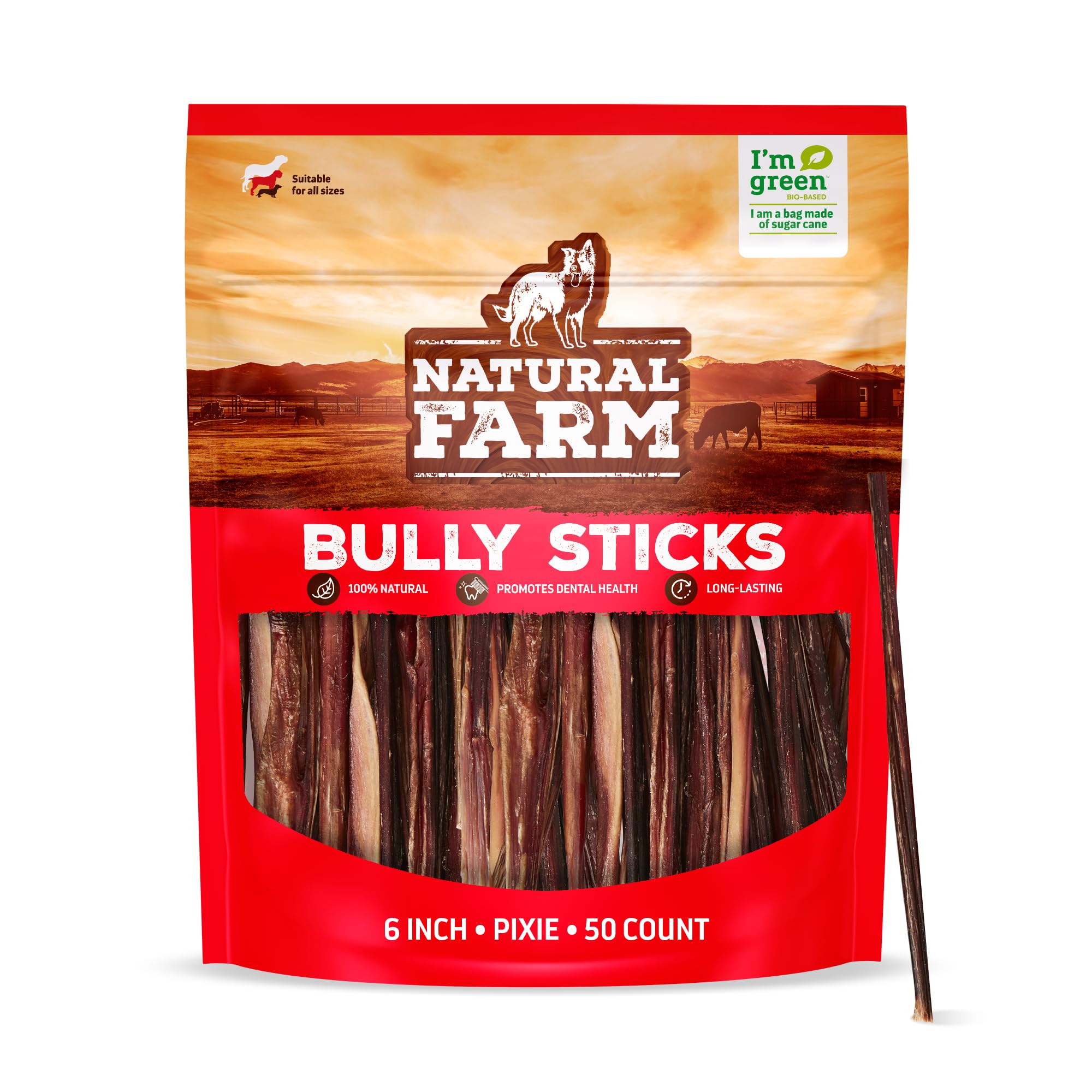Natural Farm Bully Sticks de seis pulgadas, pack de 50, mordedor ideal para perros pequeños.