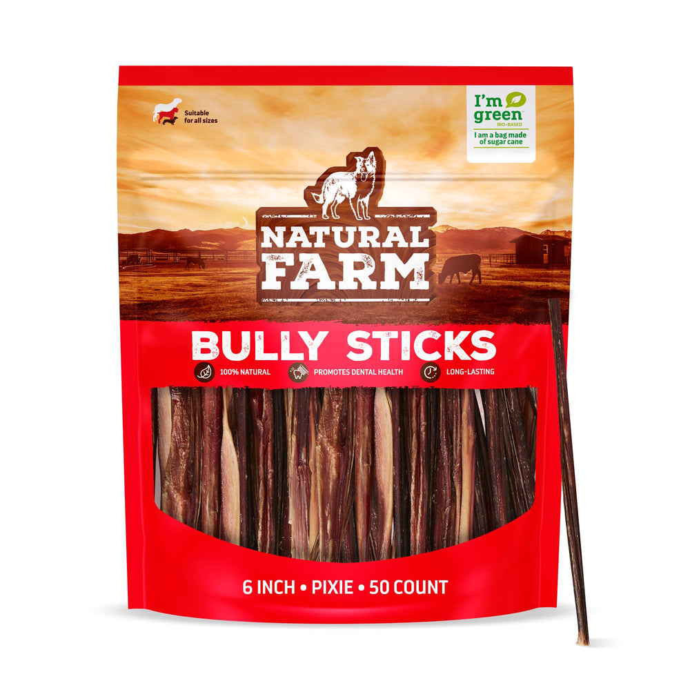 Natural Farm Bully Sticks de seis pulgadas, pack de 50, mordedor ideal para perros pequeños.