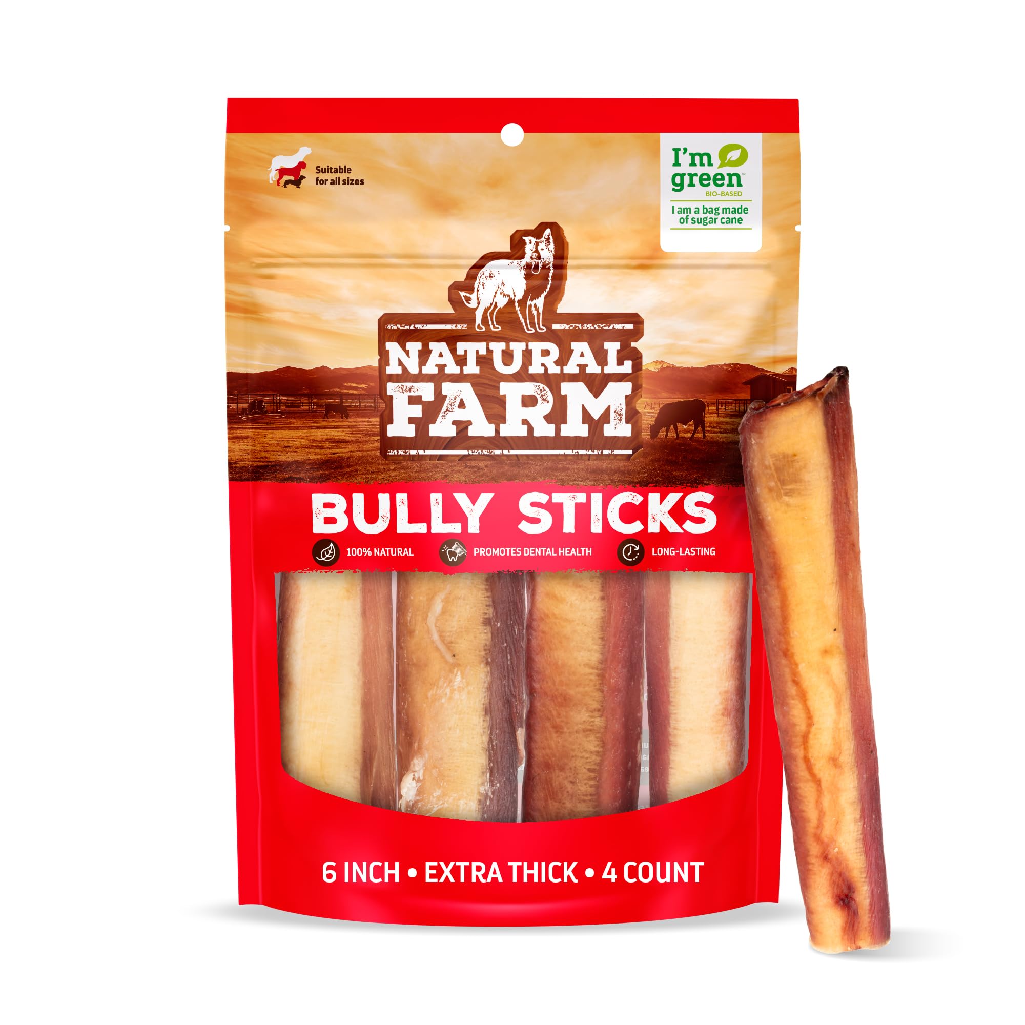 Natural Farm palitos jumbo para perros en empaque visible, masticación duradera.