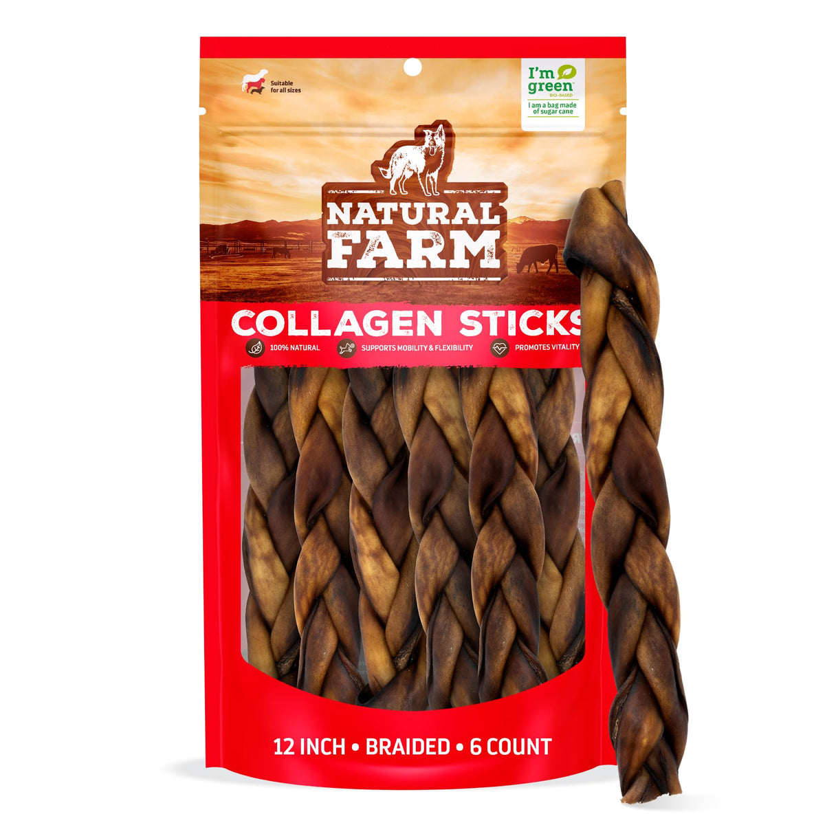 Natural Farm palitos de colágeno trenzados para perros, masticación prolongada