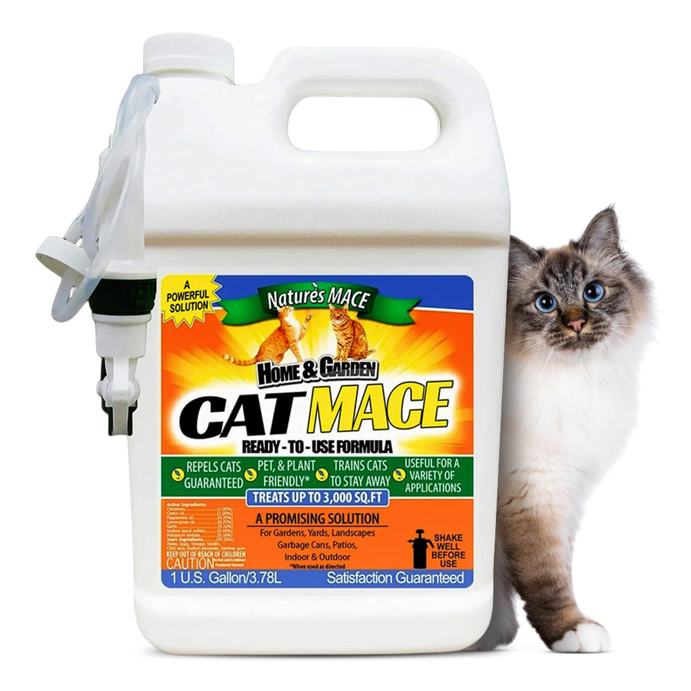 Nature's MACE Cat Mace Deterrent: botella de 1 galón para exterior y jardín, útil para evitar visitas de gatos.