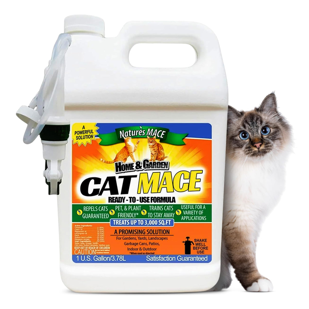 Nature's MACE Cat Mace Deterrent: botella de 1 galón para exterior y jardín, útil para evitar visitas de gatos.