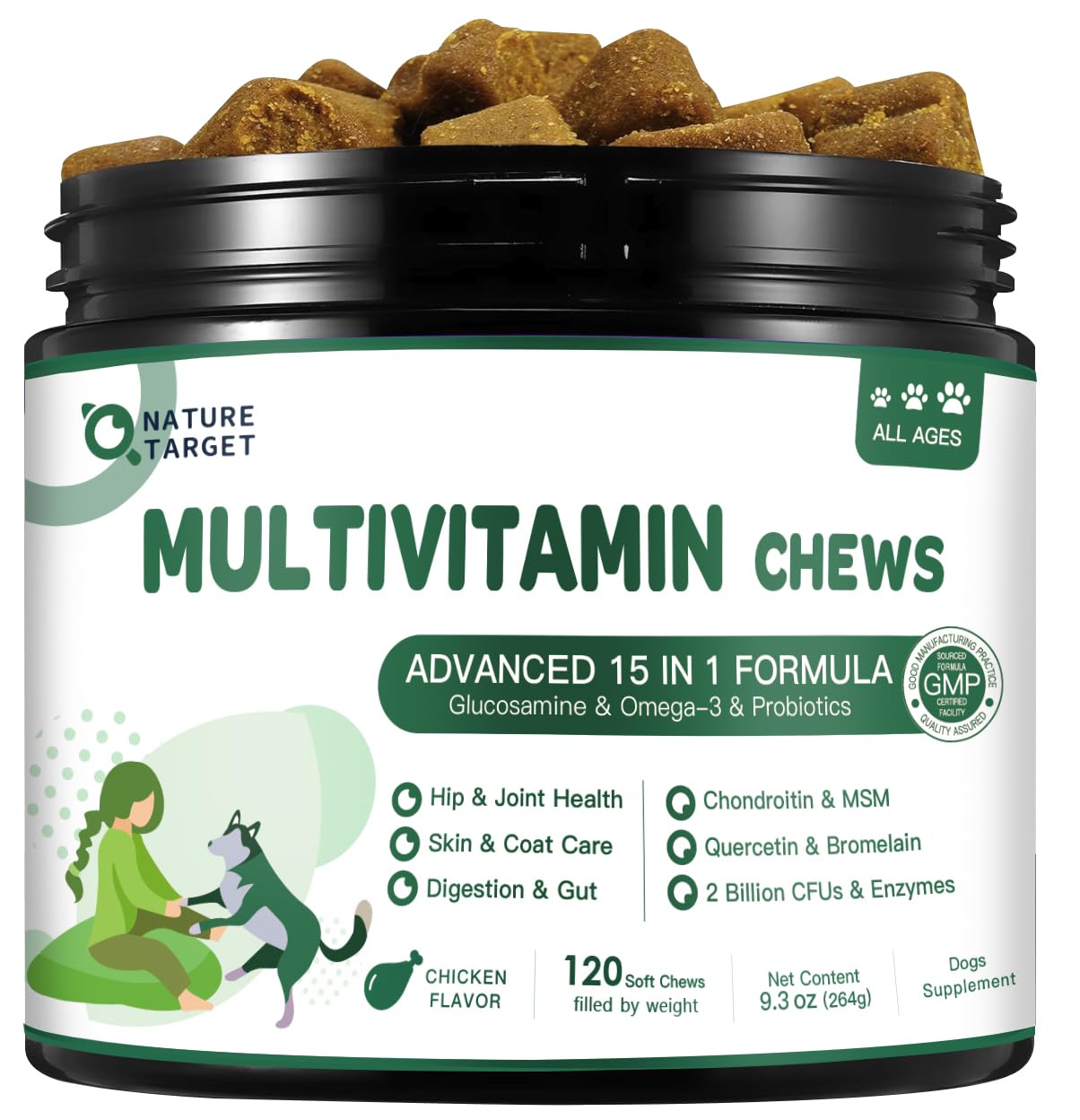 NATURE TARGET multivitamínico para perros en botella, apoyo para la salud general.
