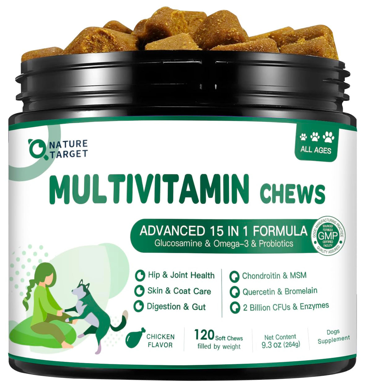 NATURE TARGET multivitamínico para perros en botella, apoyo para la salud general.