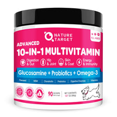 Nature Target polvos vitaminas para perros, sabor a pollo, apoyo diario para salud general.