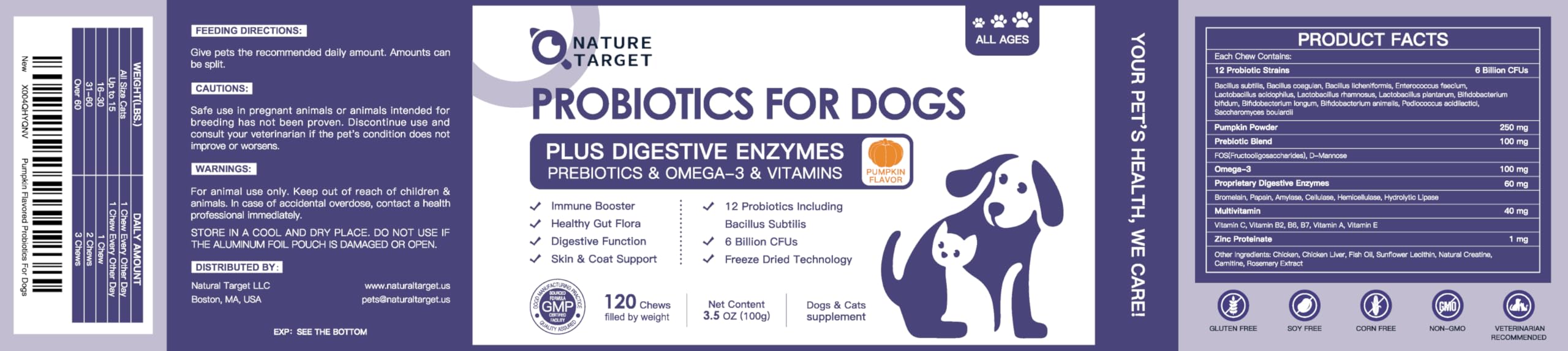 Nature Target Probiotics para perros, dosis diaria fácil de incorporar a la rutina.