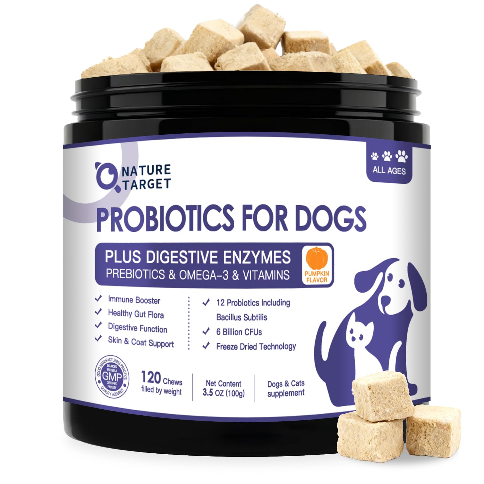 Nature Target Probiotics para perros, frasco; dosificación diaria para digestión equilibrada.