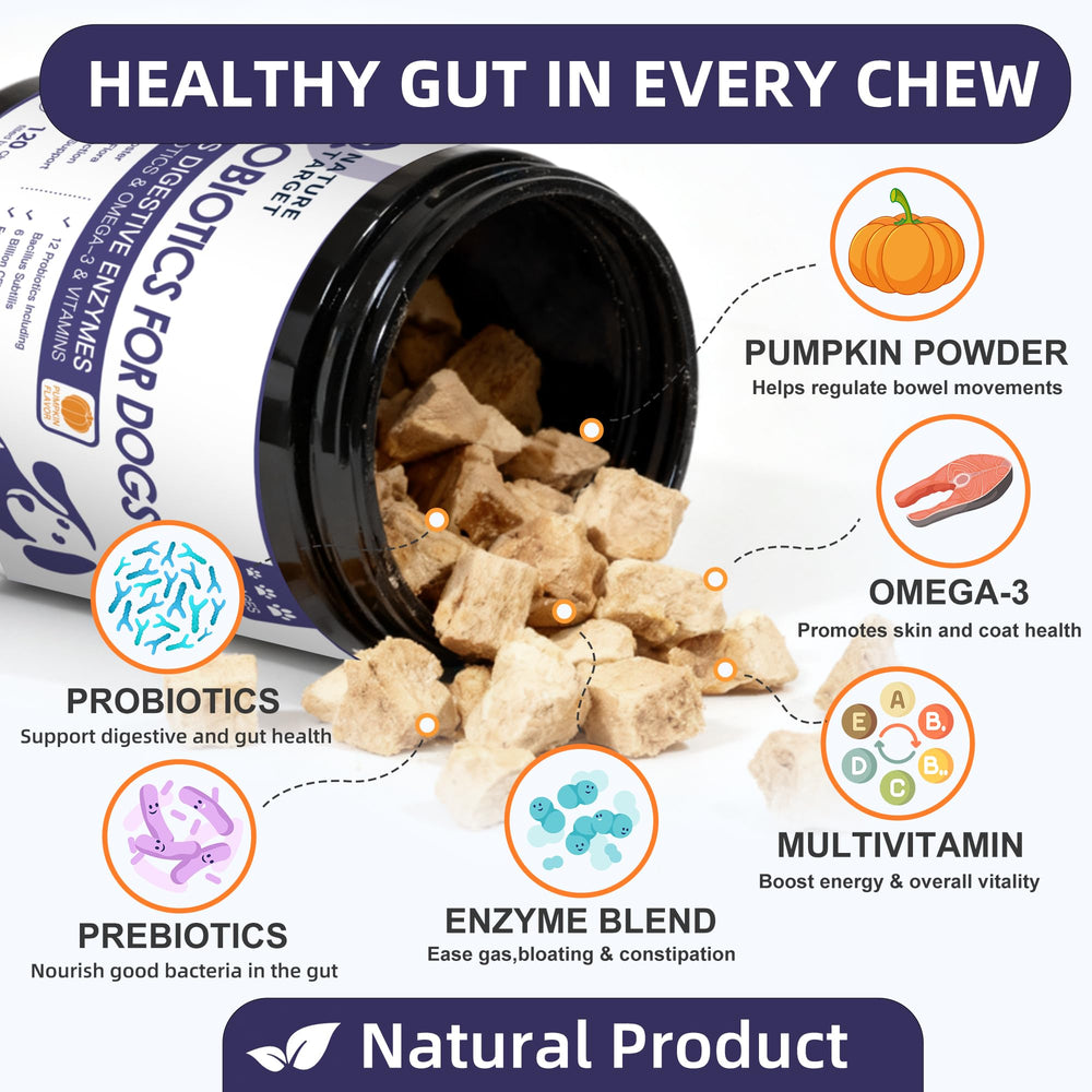 Nature Target Probiotics para perros, masticables; sabor agradable para salud digestiva.