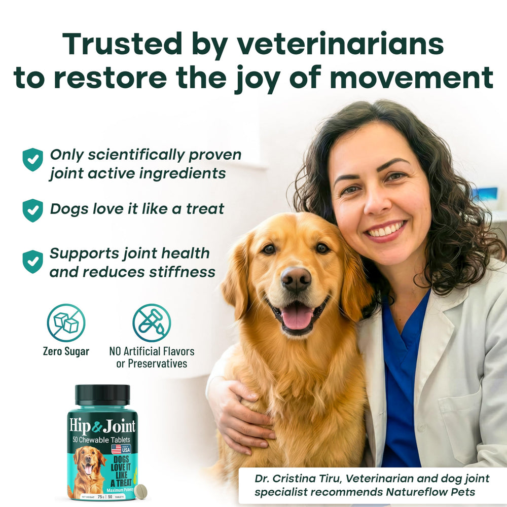 Natureflow comprimidos masticables para perros, sabor agradable y fácil dosificación.