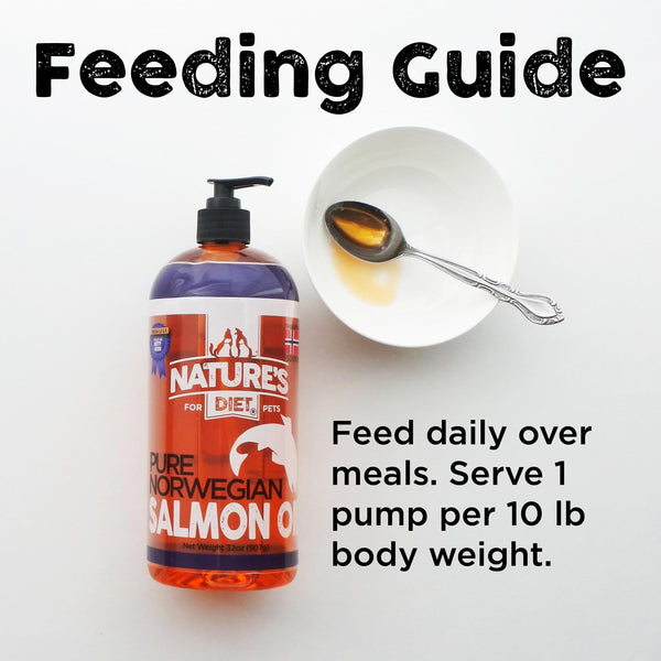 Nature's Diet Pet aceite de salmón noruego color naranja natural para apariencia saludable.