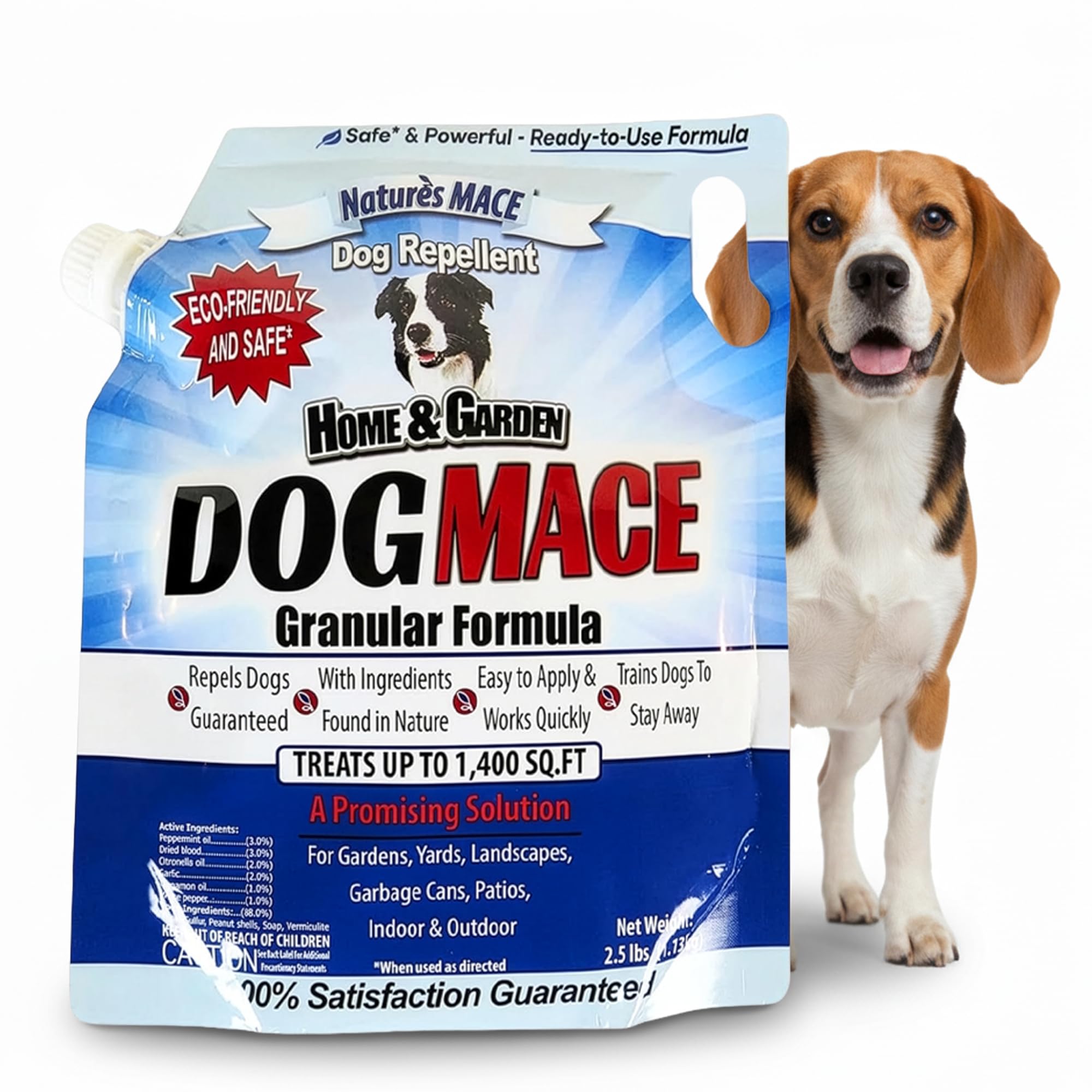Nature's MACE repelente para perros granulado en césped que evita pisadas.
