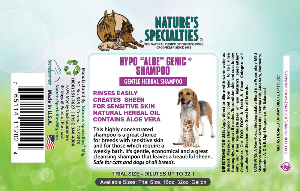 Nature's Specialties Aloe para perros, etiqueta destaca fórmula hipoalergénica y concentrada