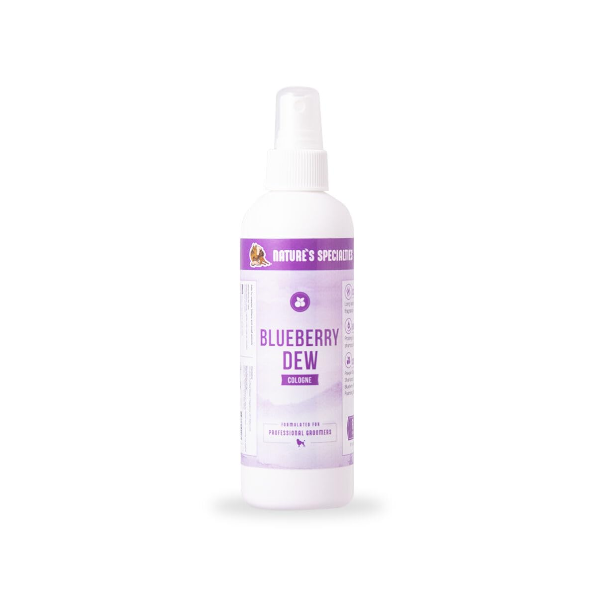 Nature's Specialties Blueberry Dew, perfume para mascotas en botella, aroma suave y duradero para el acabado.