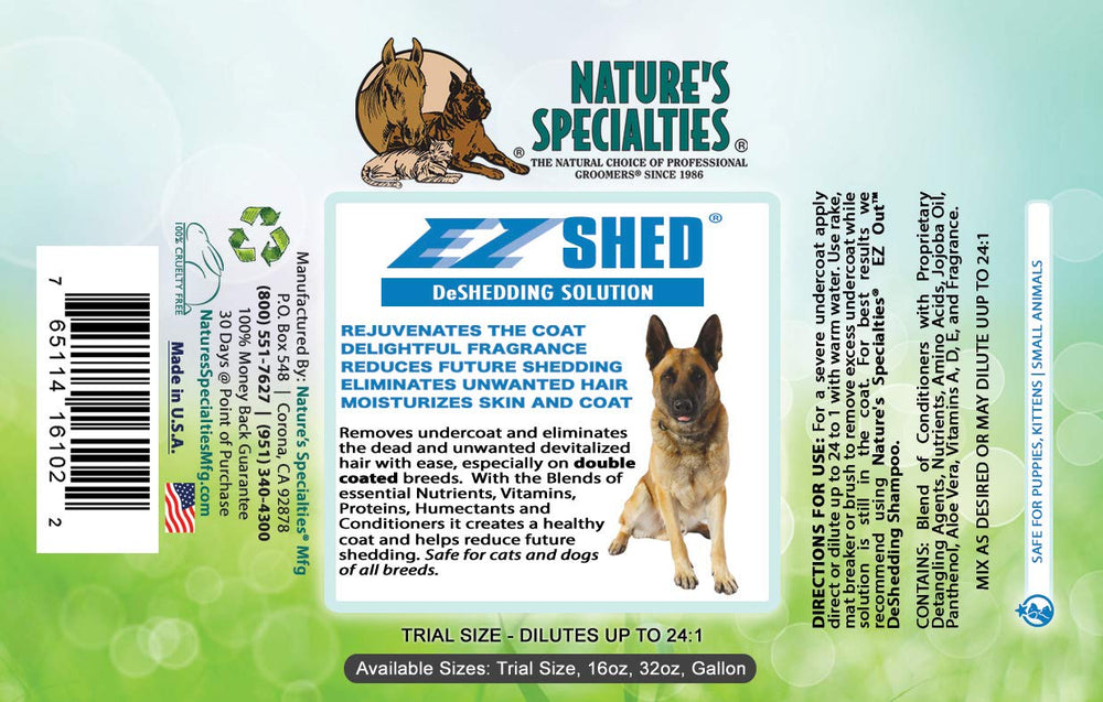 Nature's Specialties EZ Shed: aplicación de espuma suave para pelaje sedoso y fácil de cepillar.