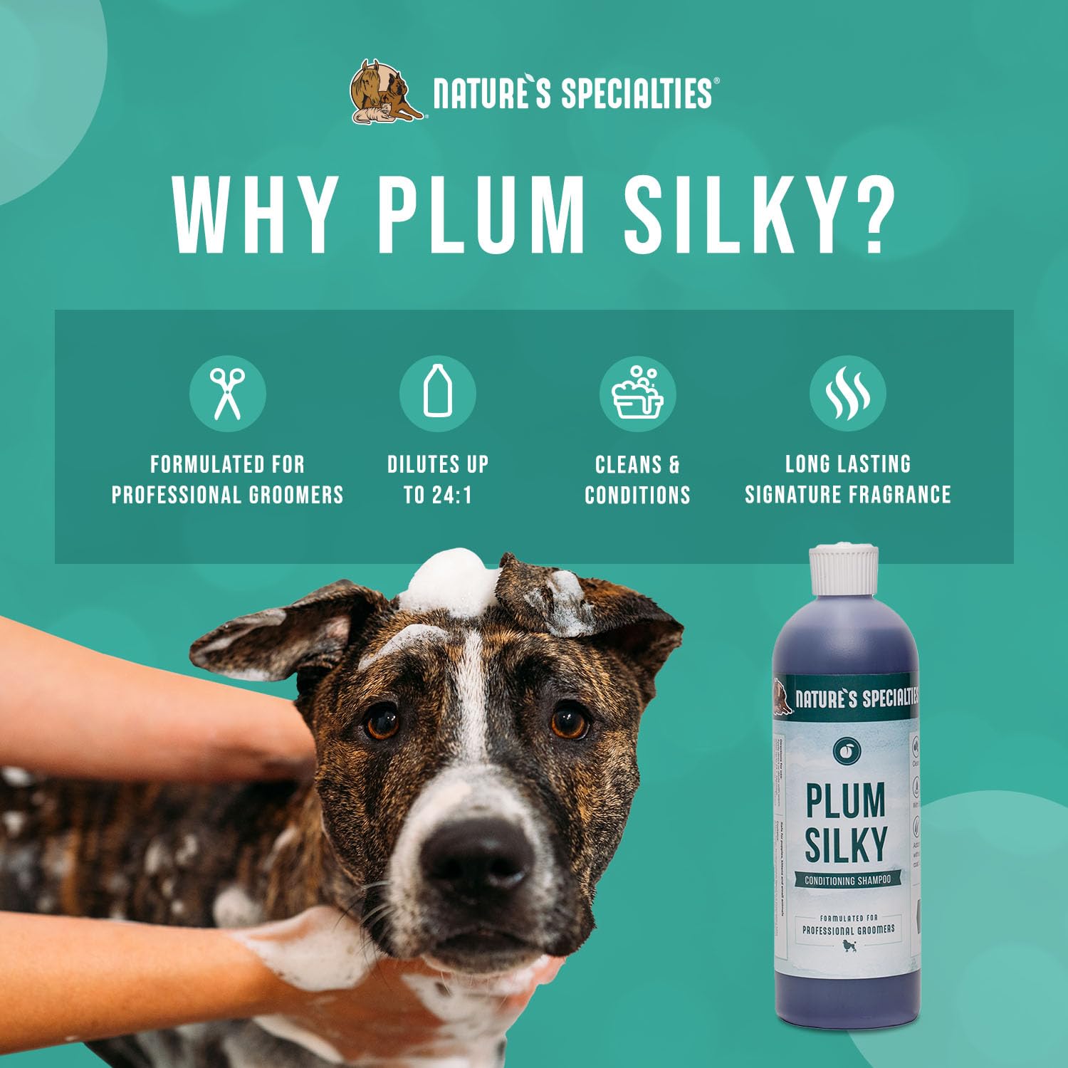 Nature's Specialties Plum Silky: aplicación con masaje suave en el pelaje