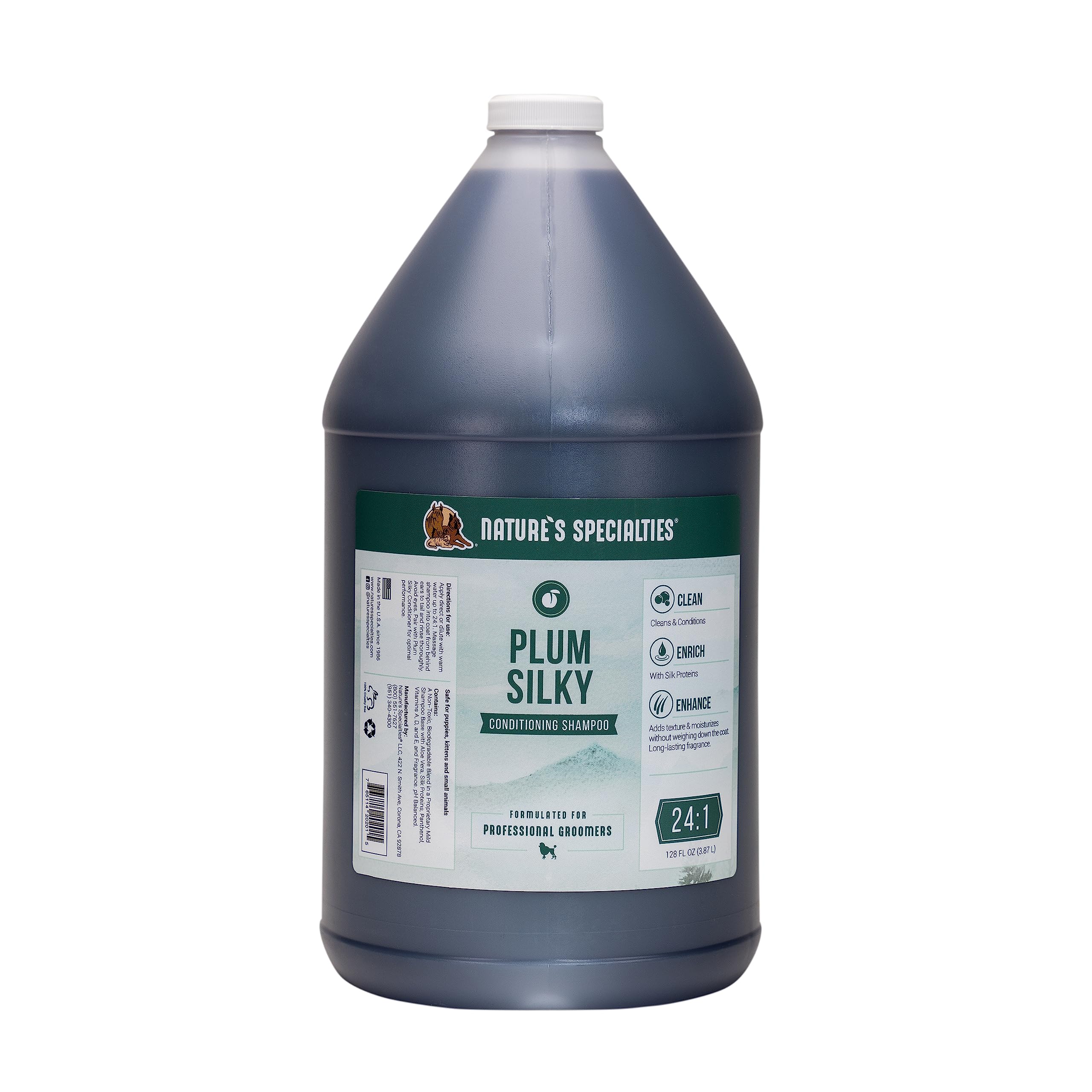 Nature's Specialties Plum Silky, botella frontal, champú suave para perros con proteínas de seda.