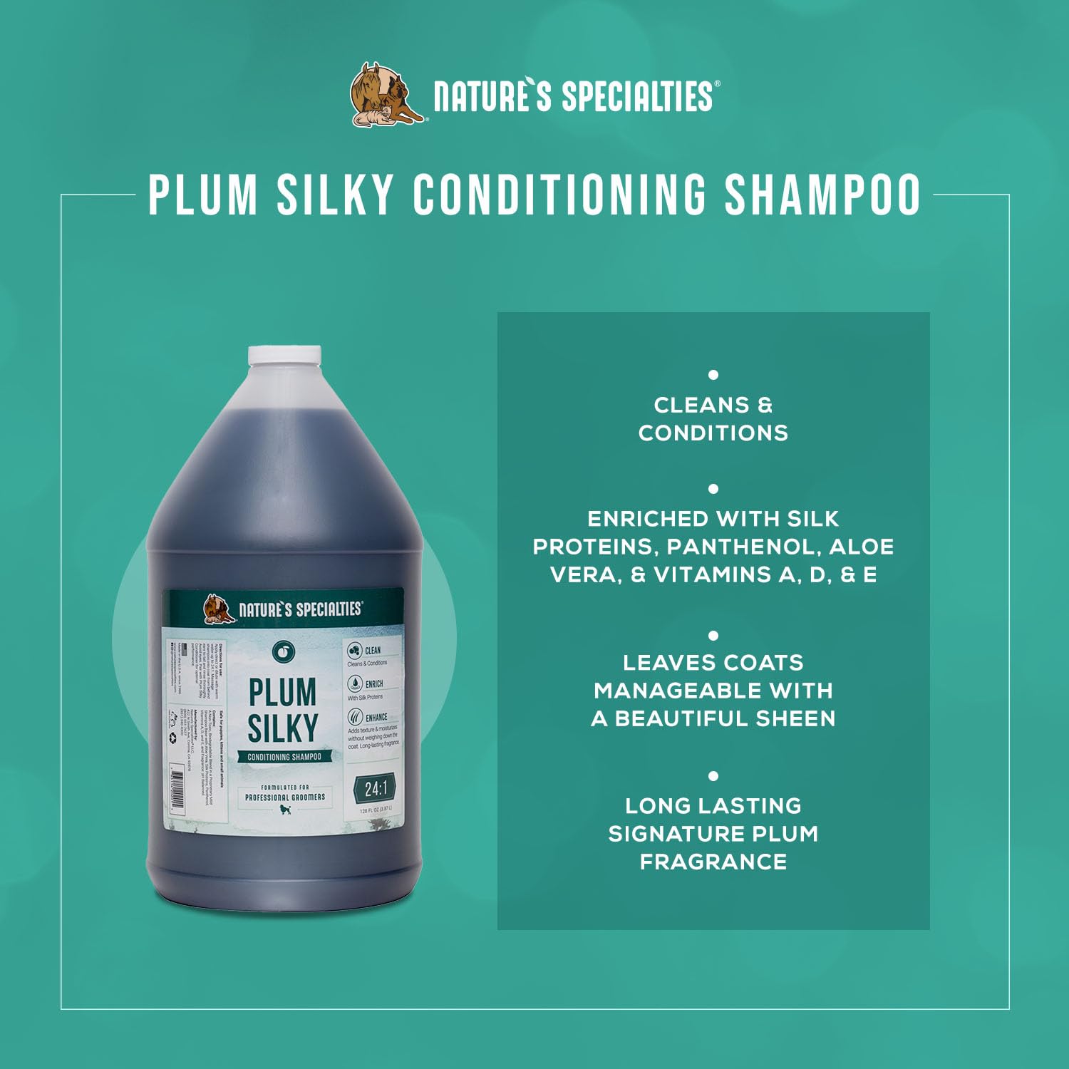 Nature's Specialties Plum Silky, diluido en agua tibia, para lavado rápido y eficiente.