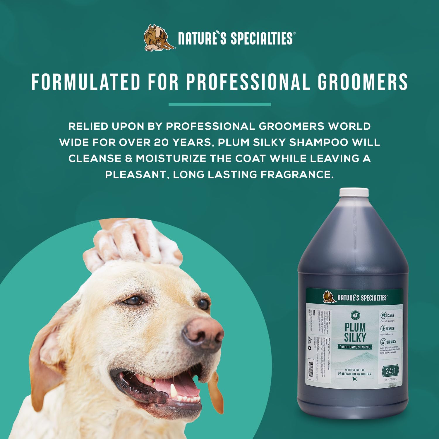Nature's Specialties Plum Silky, enjuague completo para pelaje limpio y brillo.