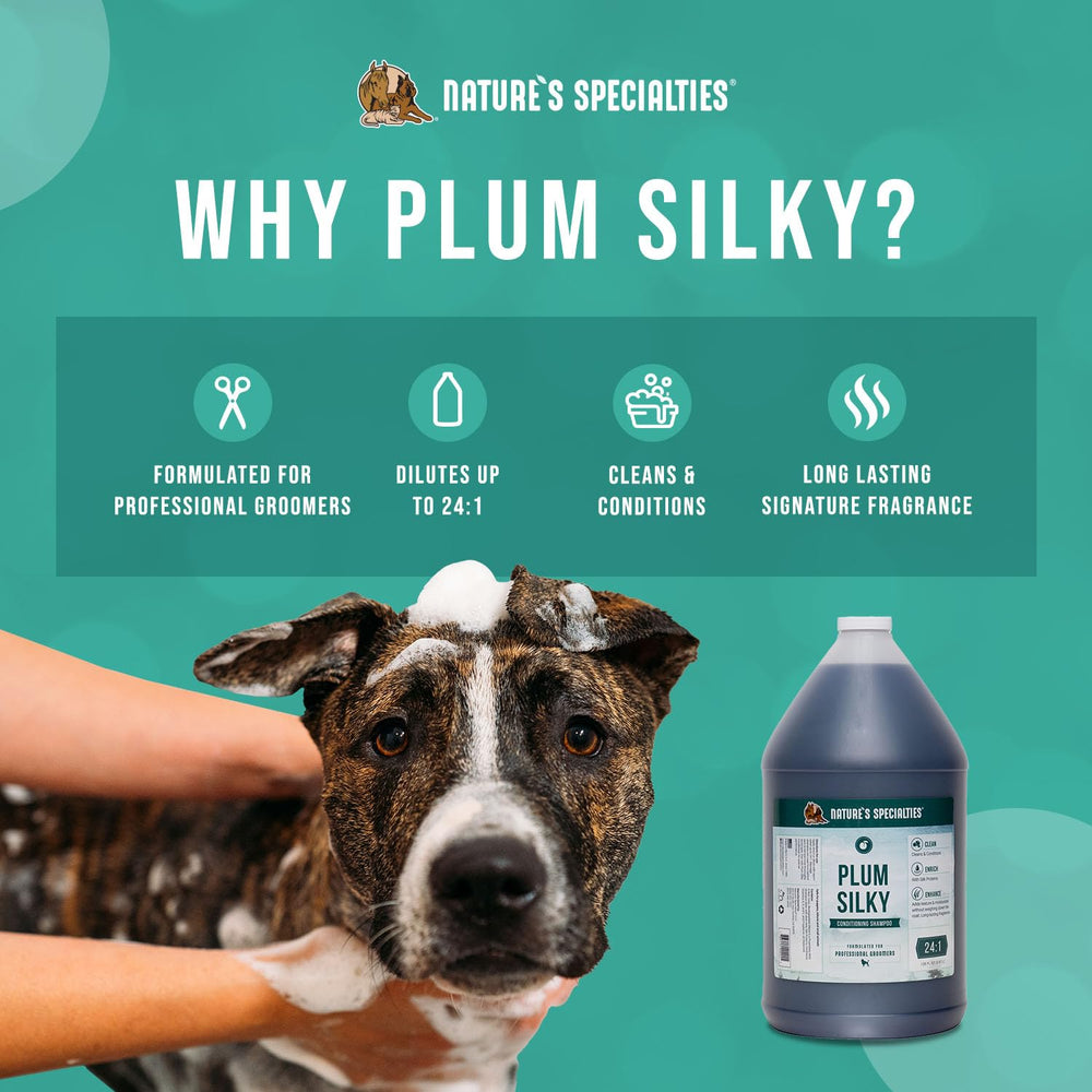 Nature's Specialties Plum Silky, aplicación suave para un pelaje limpio y sedoso.