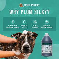 Nature's Specialties Plum Silky, aplicación suave para un pelaje limpio y sedoso.