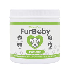 Frasco de FurBaby Probiotic de NaturesPlus, 9.5 oz, para apoyar la digestión canina.