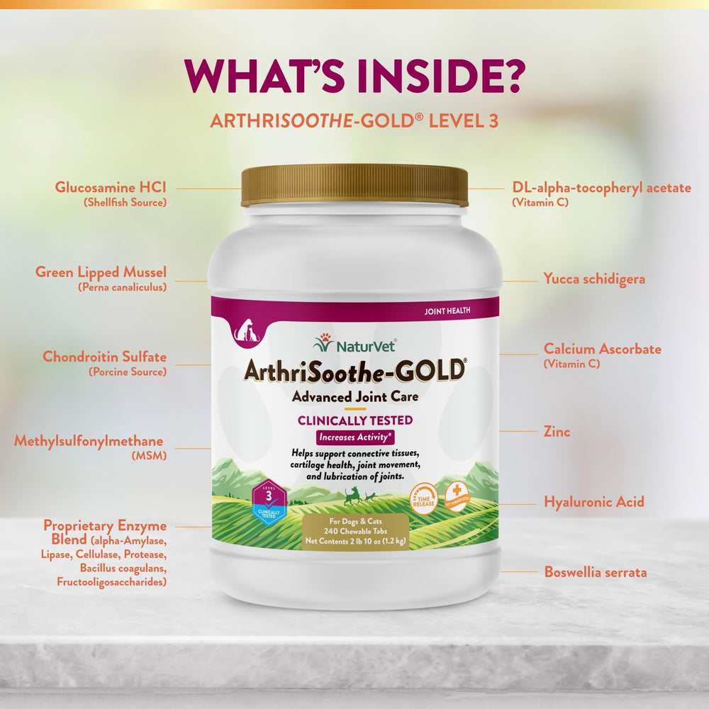 NaturVet ArthriSoothe-Gold etiqueta de ingredientes: mezcla con omega-3 y glucosamina.